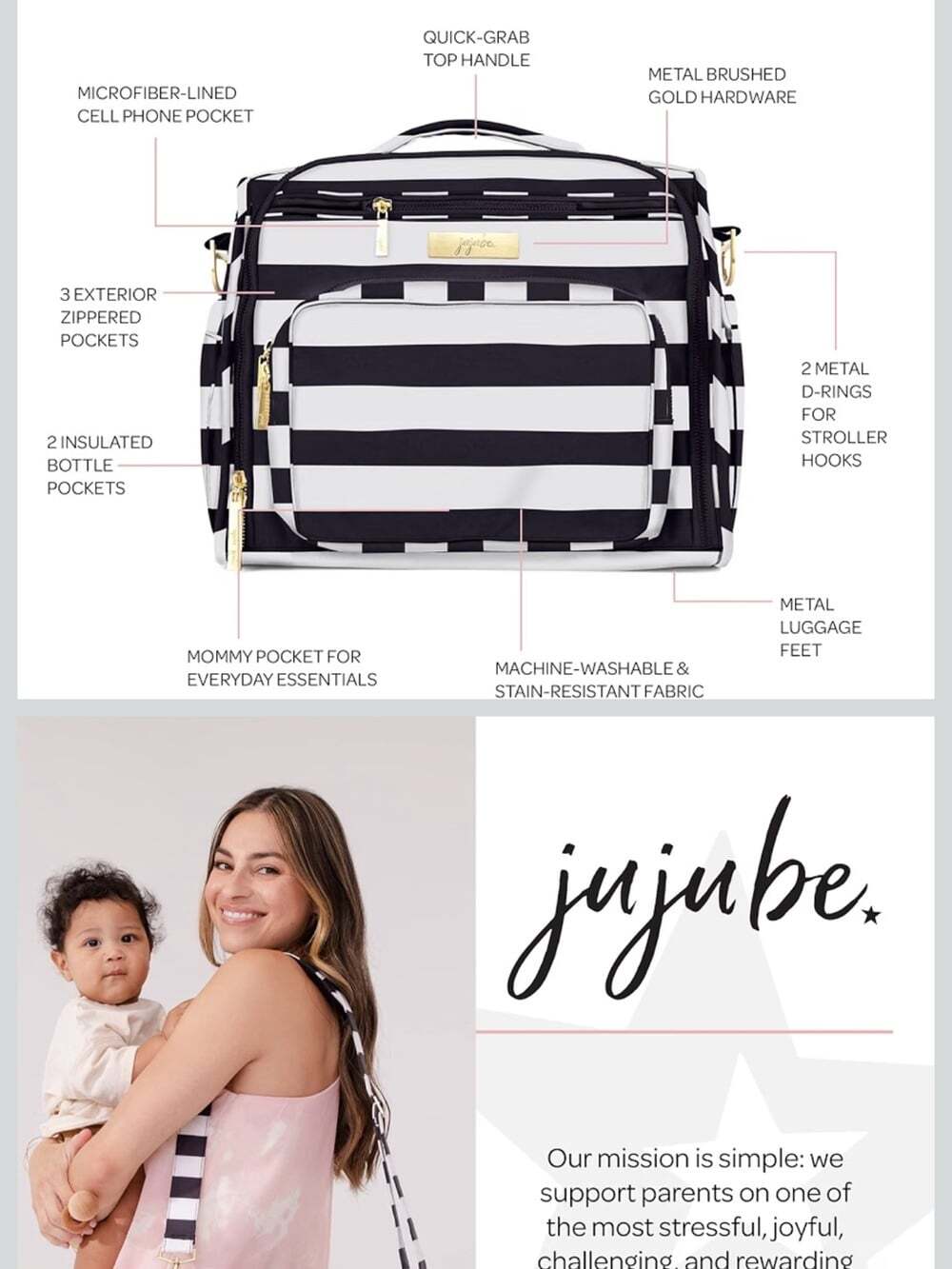 JuJuBe B.F.F. The First Lady Convertible Diaper Bag Black White Gold Luxury Baby